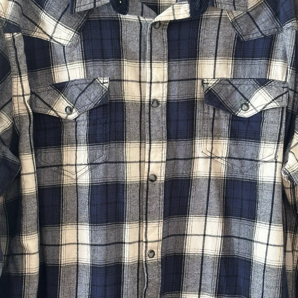 Cody James Blue Ivory Plaid Flannel Western Shirt Pearl Snap Flip Cuff Mens 2XL
